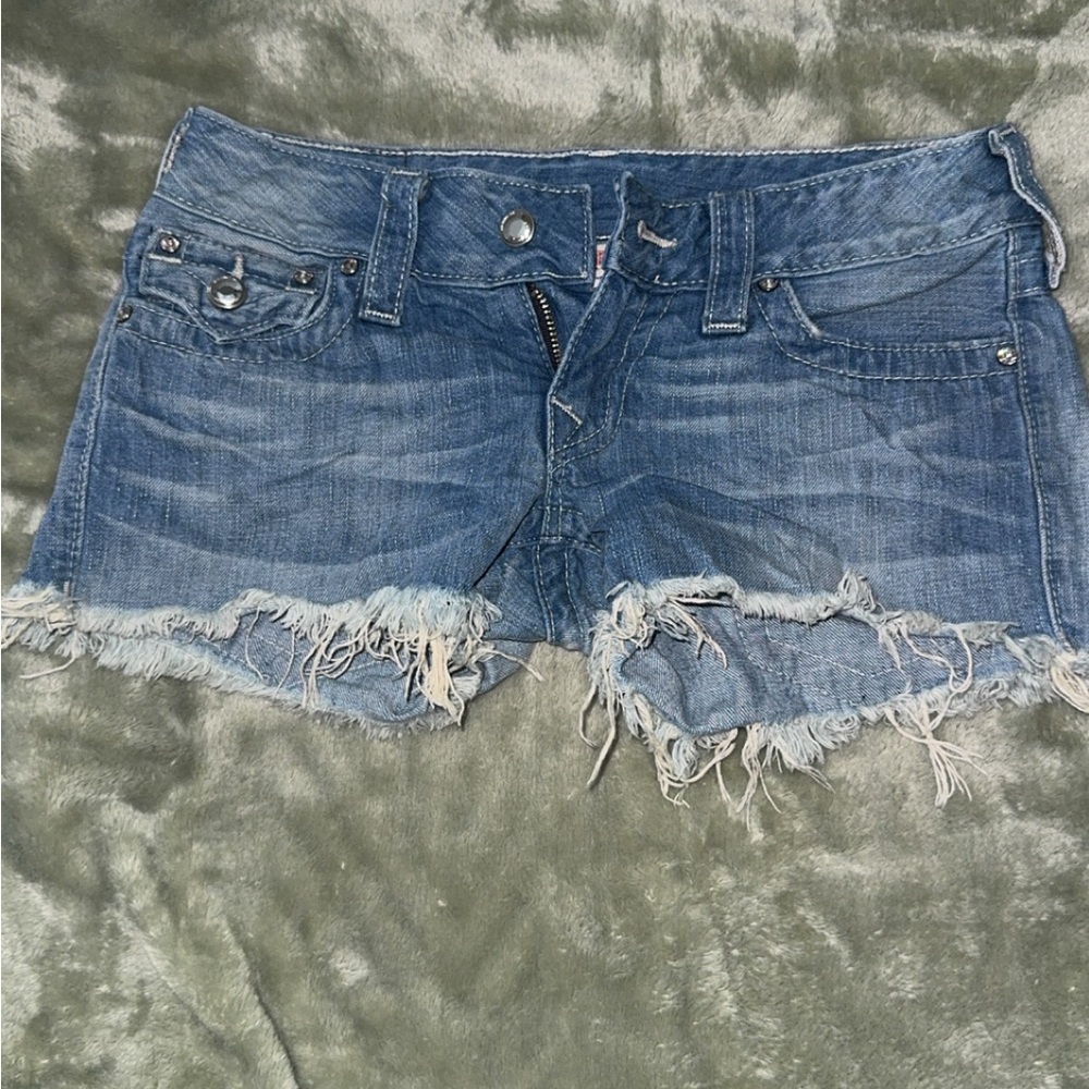 True Religion Blue Jean Shorts Distressed Cut-Off Style